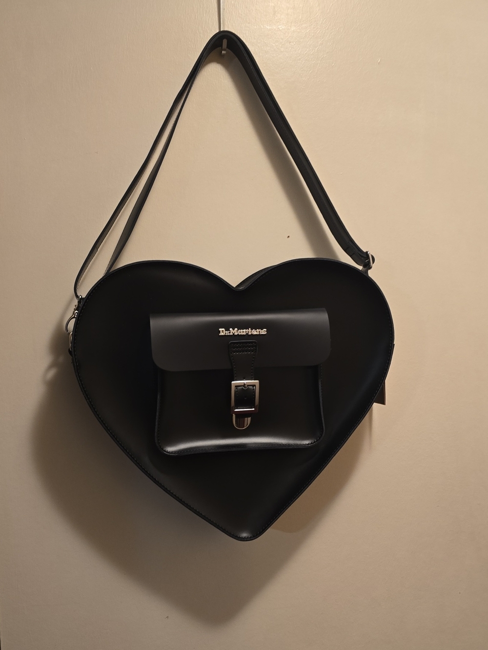 Dr. Martens Black Heart-Shaped Leather Shoulder Bag with Front Pocket